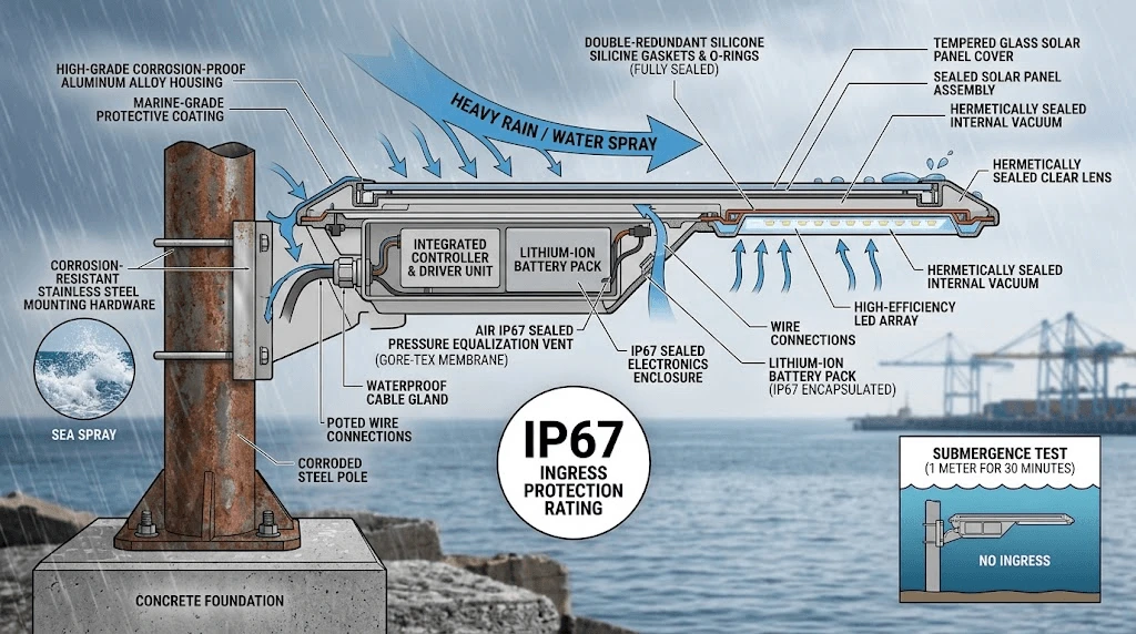 Heavy-duty IP67 waterproof solar street lights operating reliably in severe storm and heavy rain conditions for municipal highway infrastructure Heavy-duty IP67 waterproof solar street lights operating reliably in severe storm and heavy rain conditions for municipal highway infrastructure