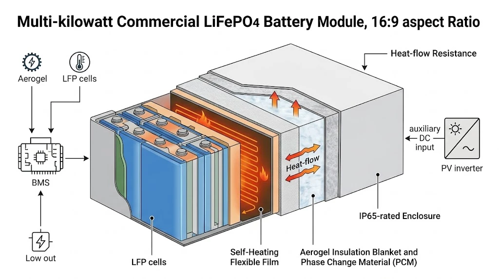 A technical comparison infographic by Xiamen Hemao Industry showing the capacity retention and cycle life advantages of their thermally managed LiFePO4 battery at -20°C compared to a standard LiFePO4 battery, demonstrating optimized LCOE A technical comparison infographic by Xiamen Hemao Industry showing the capacity retention and cycle life advantages of their thermally managed LiFePO4 battery at -20°C compared to a standard LiFePO4 battery, demonstrating optimized LCOE