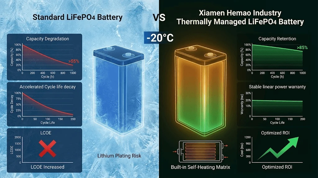 A detailed technical cross-section diagram illustrating the core mechanics of Xiamen Hemao Industry's LiFePO4 battery self-heating system, including the flexible heating film, aerogel insulation, PCM layers, and BMS communication flow, designed for winter solar installations A detailed technical cross-section diagram illustrating the core mechanics of Xiamen Hemao Industry's LiFePO4 battery self-heating system, including the flexible heating film, aerogel insulation, PCM layers, and BMS communication flow, designed for winter solar installations