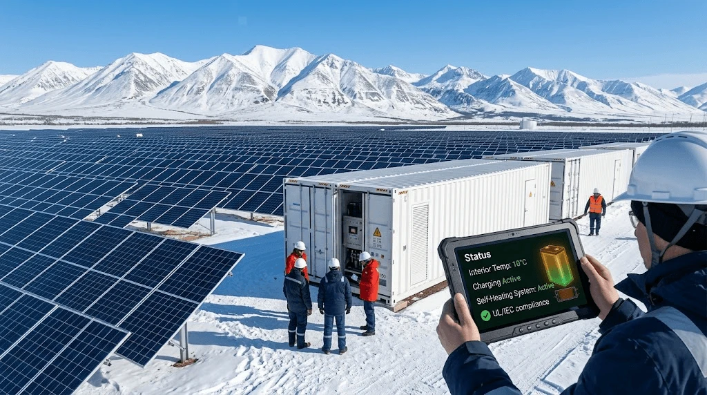 A real-world application photograph of Xiamen Hemao Industry's multi-megawatt containerized energy storage system operating reliably in a snowy, high-latitude commercial solar field, with engineers monitoring the active self-heating system status A real-world application photograph of Xiamen Hemao Industry's multi-megawatt containerized energy storage system operating reliably in a snowy, high-latitude commercial solar field, with engineers monitoring the active self-heating system status