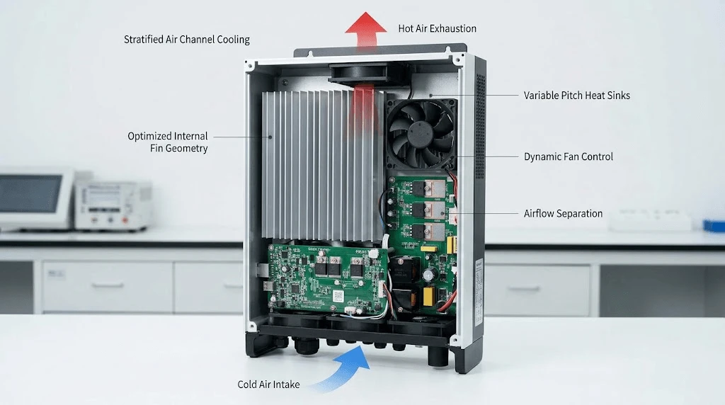 A technical cross-section diagram of a solar inverter, showing the internal cooling flow. Blue arrows indicate cold air intake at the bottom, passing through optimized fin geometries and variable-speed fans, guided by stratified air channels. Red arrows show hot air exhaust at the top, illustrating efficient heat dissipation for power electronics A technical cross-section diagram of a solar inverter, showing the internal cooling flow. Blue arrows indicate cold air intake at the bottom, passing through optimized fin geometries and variable-speed fans, guided by stratified air channels. Red arrows show hot air exhaust at the top, illustrating efficient heat dissipation for power electronics