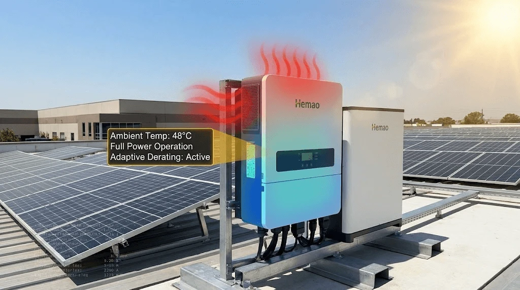 A technical rooftop installation photo of a Hemao 8kW hybrid inverter on a bright sunny day. The scene features a digital overlay showing the ambient temperature is 48°C. A thermal imaging gradient overlay shows the core components maintaining cool temperatures (blue and green) while red arrows indicate heat exhaustion, validating the system's adaptive thermal throttling for full-power operation in high heat A technical rooftop installation photo of a Hemao 8kW hybrid inverter on a bright sunny day. The scene features a digital overlay showing the ambient temperature is 48°C. A thermal imaging gradient overlay shows the core components maintaining cool temperatures (blue and green) while red arrows indicate heat exhaustion, validating the system's adaptive thermal throttling for full-power operation in high heat