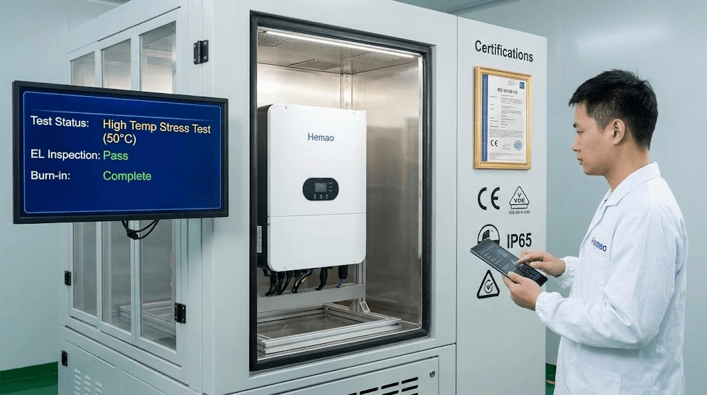 A professional photograph inside a technical QA laboratory. A technician in a lab coat is monitoring a Hemao 8kW hybrid inverter undergoing testing inside a large environmental chamber. A nearby monitor displays real-time data: "High Temp Stress Test (50°C): Active," "EL Inspection: Pass," "Burn-in: Complete." The background wall features international compliance certificates (like CE, IEC, VDE) and an IP65 rating symbol, emphasizing rigorous quality control A professional photograph inside a technical QA laboratory. A technician in a lab coat is monitoring a Hemao 8kW hybrid inverter undergoing testing inside a large environmental chamber. A nearby monitor displays real-time data: "High Temp Stress Test (50°C): Active," "EL Inspection: Pass," "Burn-in: Complete." The background wall features international compliance certificates (like CE, IEC, VDE) and an IP65 rating symbol, emphasizing rigorous quality control