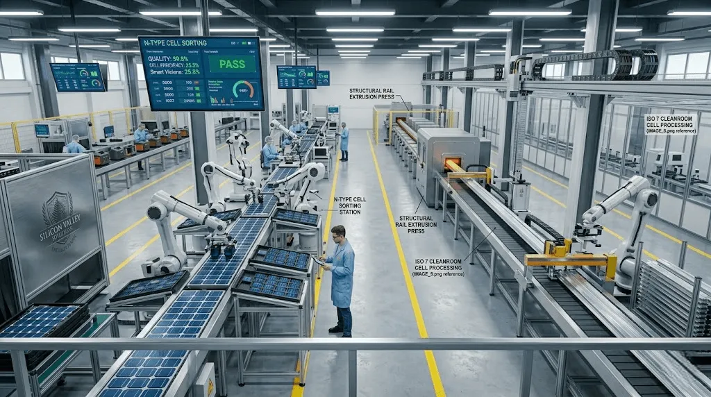 Solar power system factory production floor and quality assurance testing Solar power system factory production floor and quality assurance testing