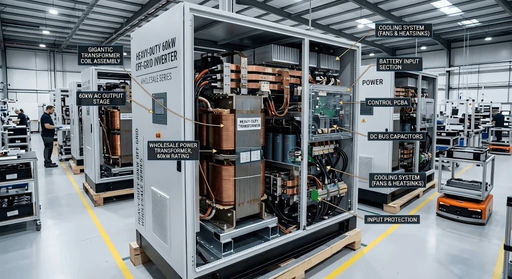 Internal low-frequency copper transformer and PCBA layout of Hemao 60KW off-grid inverter for industrial loads Internal low-frequency copper transformer and PCBA layout of Hemao 60KW off-grid inverter for industrial loads
