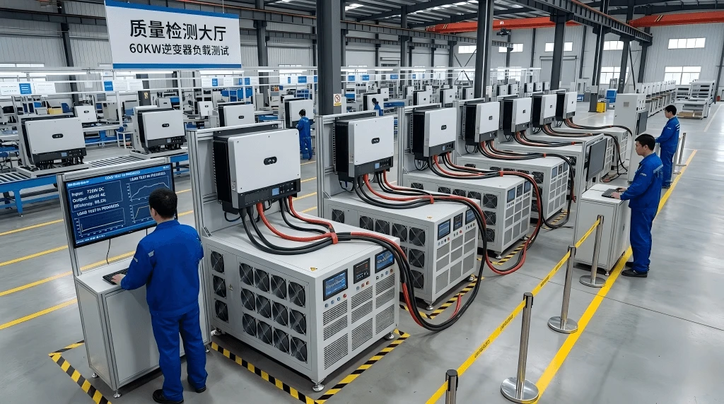 Xiamen Hemao factory performing 100% full-load burn-in testing on 60KW industrial-grade solar inverters Xiamen Hemao factory performing 100% full-load burn-in testing on 60KW industrial-grade solar inverters